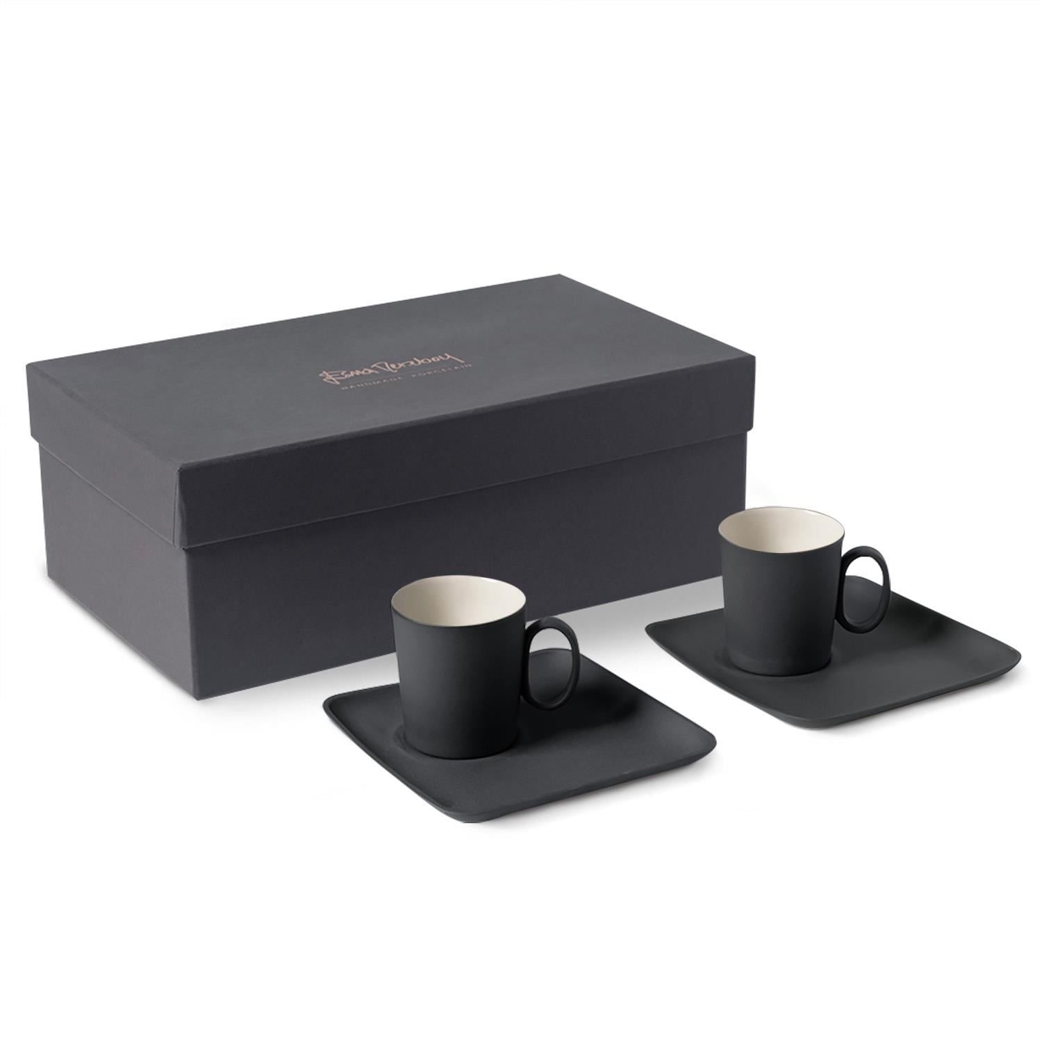 Figures 0&0 Handle Espresso Cup With Saucer Set Of 2 Black - Black & Ivory by Esma Dereboy