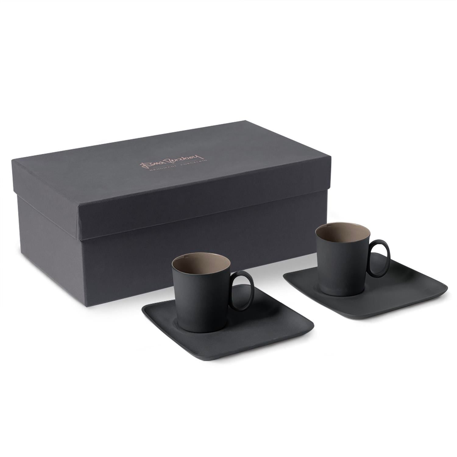 Figures 0&0 Handle Espresso Cup With Saucer Set Of 2 Black - Black & Rock by Esma Dereboy