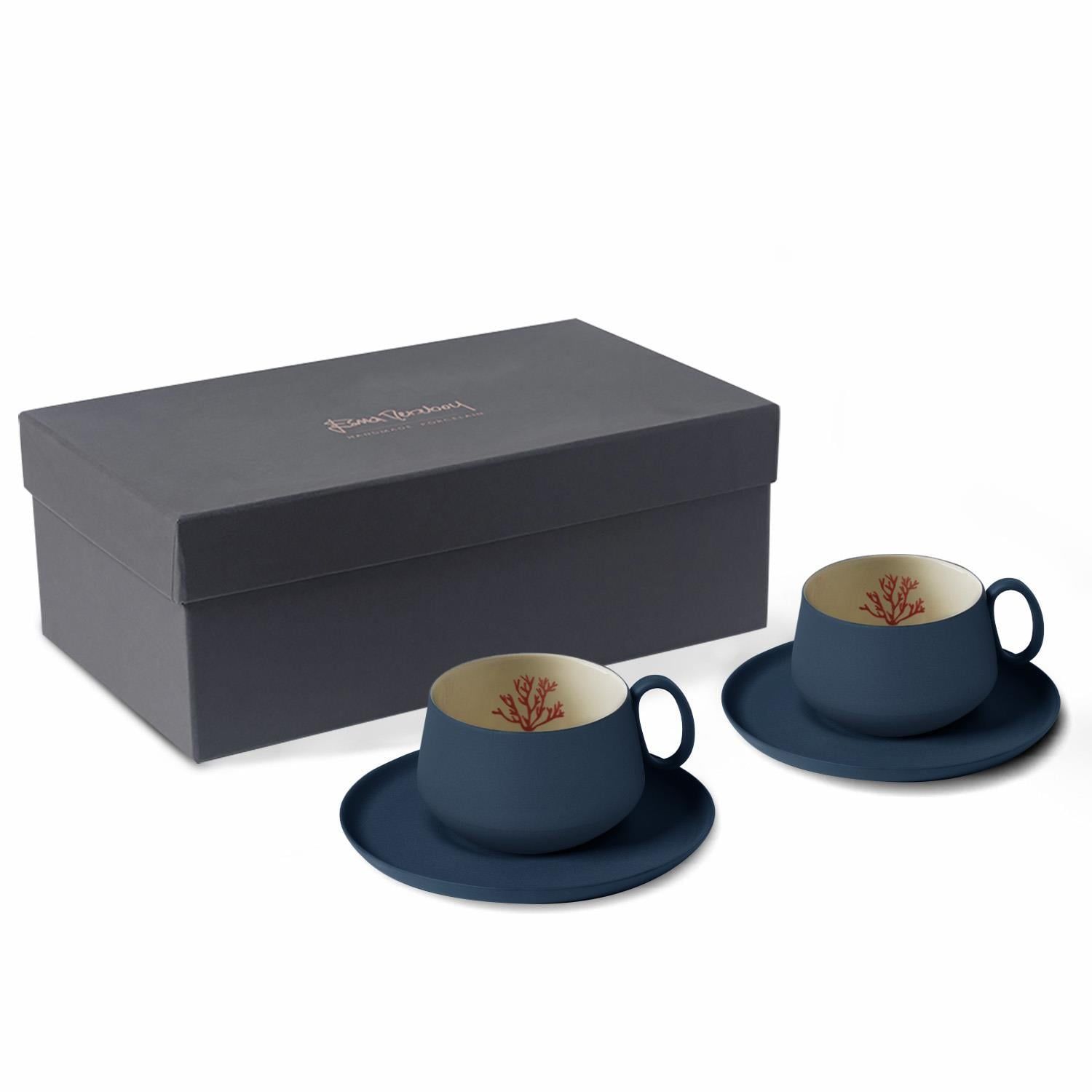 Tube Tea Cup With Saucer Set Of 2 Ocean-red Coral by Esma Dereboy