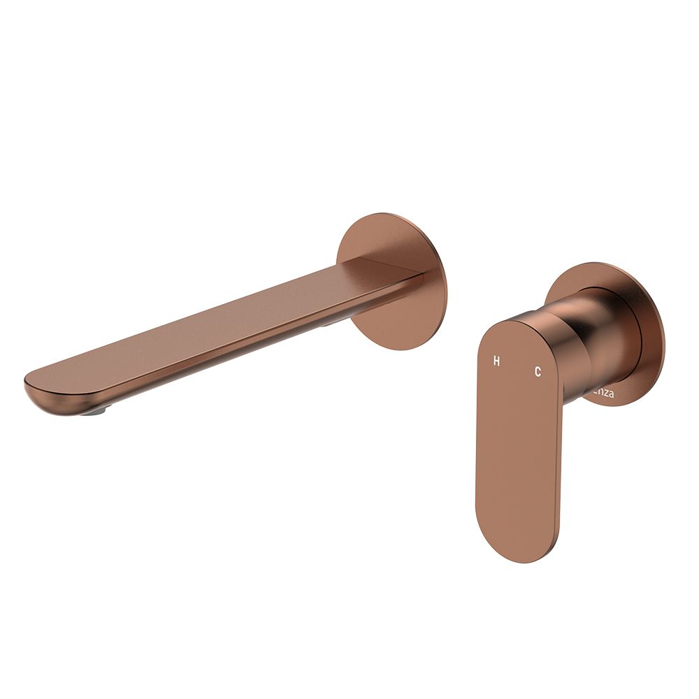 Empire Slim Basin/Bath Wall Mixer Set, Round Plates, 200mm Outlet, Brushed Copper by Fienza