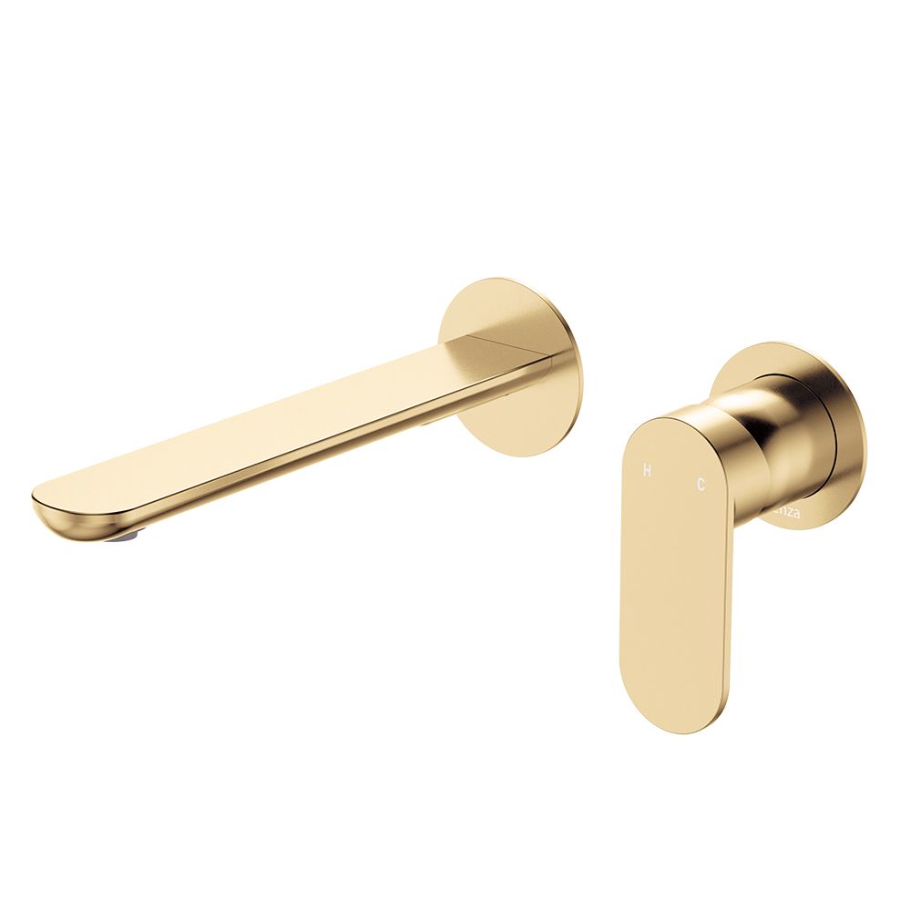 Empire Slim Basin/Bath Wall Mixer Set, Round Plates, 200mm Outlet, Urban Brass by Fienza