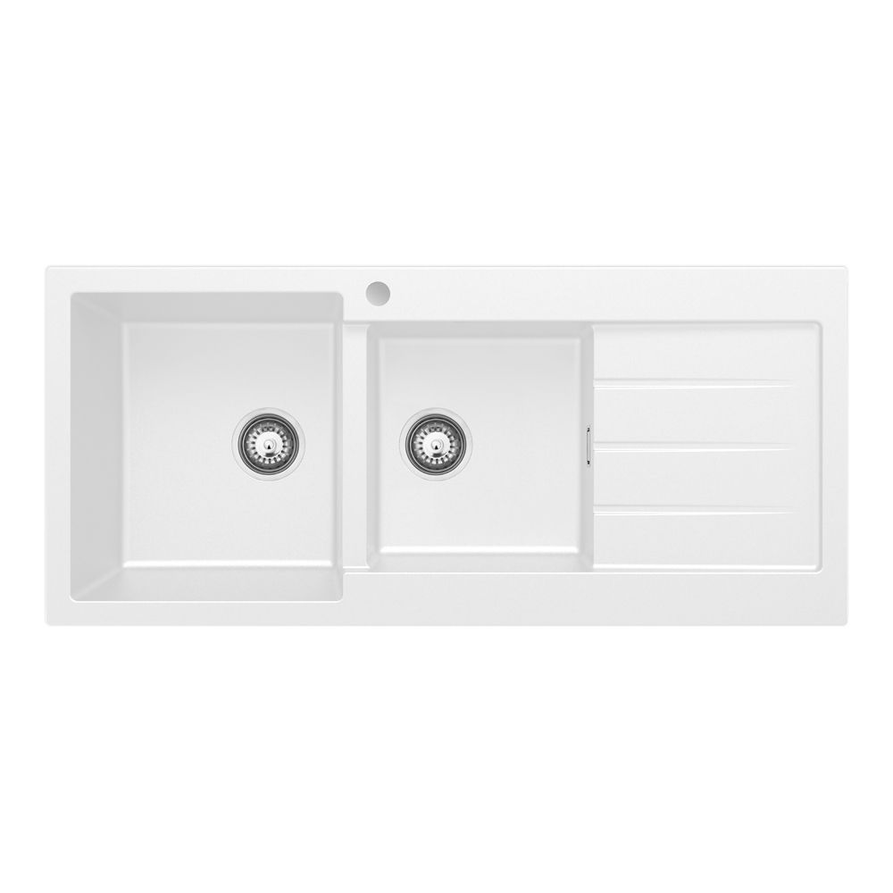 Kuro Granite 32L/22L Double Kitchen Sink with Drainer, Left Bowl, 1 Tap Hole, Matte White by Fienza