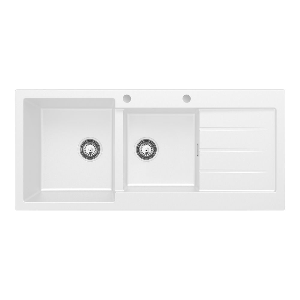 Kuro Granite 32L/22L Double Kitchen Sink with Drainer, Left Bowl, 2 Tap Holes, Matte White by Fienza