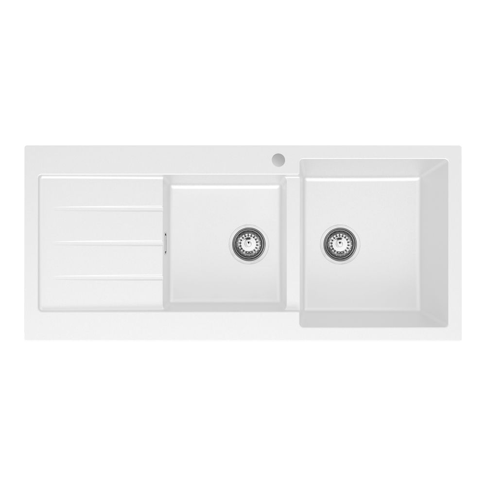 Kuro Granite 32L/22L Double Kitchen Sink with Drainer, Right Bowl, 1 Tap Hole, Matte White by Fienza
