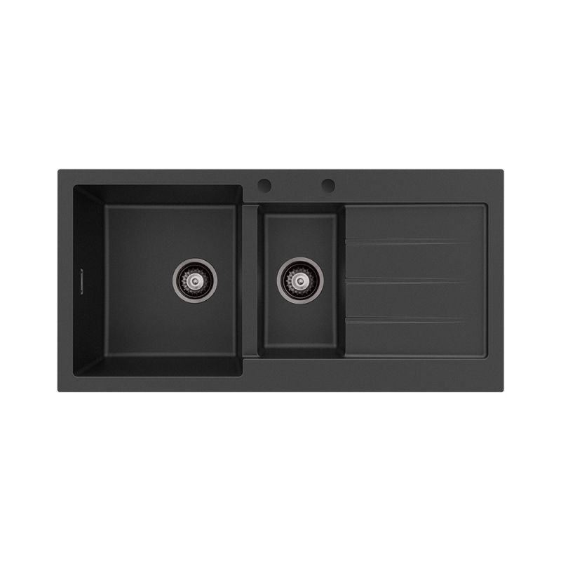 Kuro Granite 32L/14L Double Kitchen Sink with Drainer, Left Bowl, 2 Tap Holes, Matte Black by Fienza