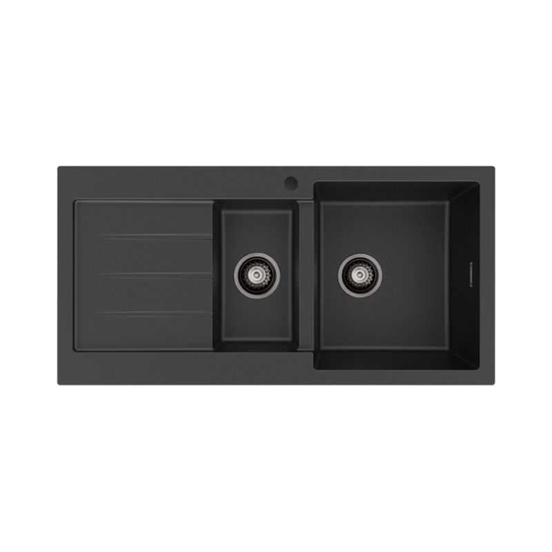 Kuro Granite 32L/14L Double Kitchen Sink with Drainer, Right Bowl, 1 Tap Hole, Matte Black by Fienza