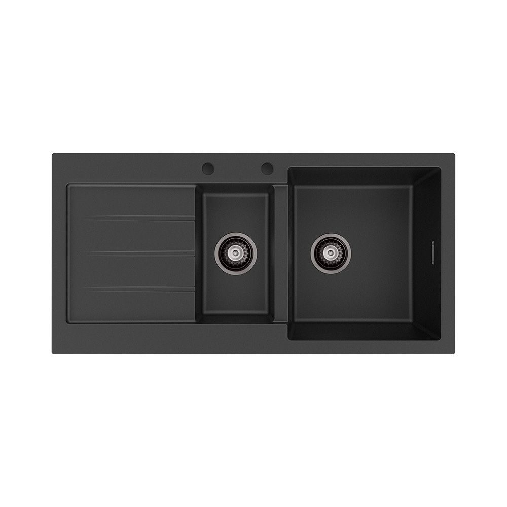 Kuro Granite 32L/14L Double Kitchen Sink with Drainer, Right Bowl, 2 Tap Holes, Matte Black by Fienza