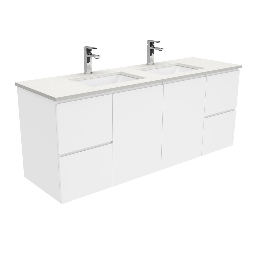 Sarah Crystal Pure Undermount Double Bowl 1500 Fingerpull Gloss White Wall-Hung Vanity by Fienza