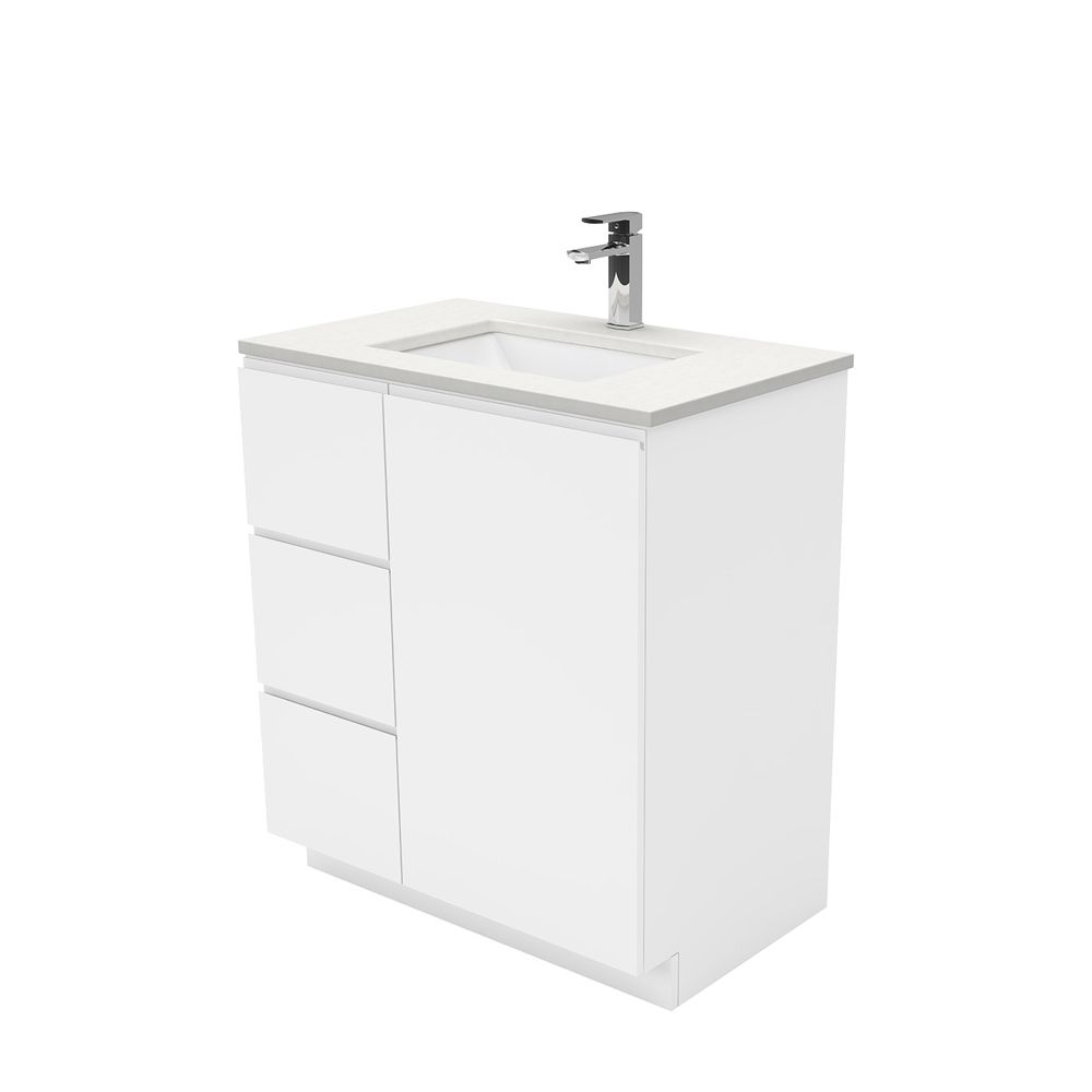 Sarah Crystal Pure Undermount 750 Fingerpull Gloss White Vanity on Kick, Left Drawers by Fienza