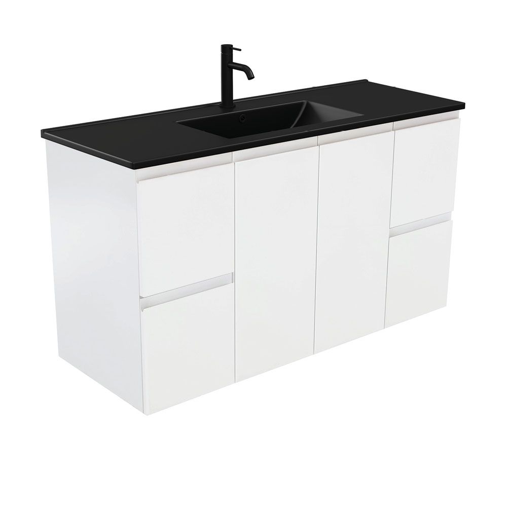 Dolce Matte Black Fingerpull Satin White 1200 Wall-Hung Vanity by Fienza