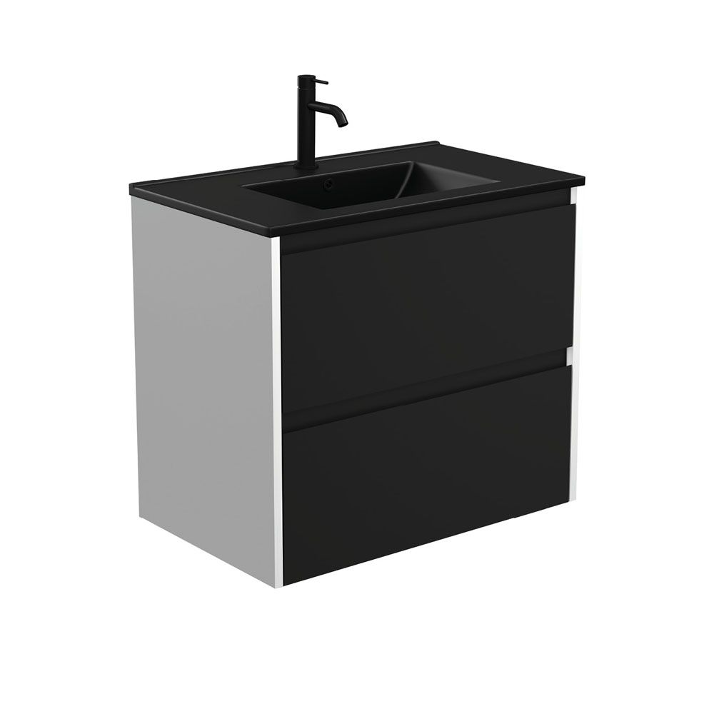 Dolce Matte Black Amato 750 Satin Black Wall-Hung Vanity, Satin White Panels by Fienza