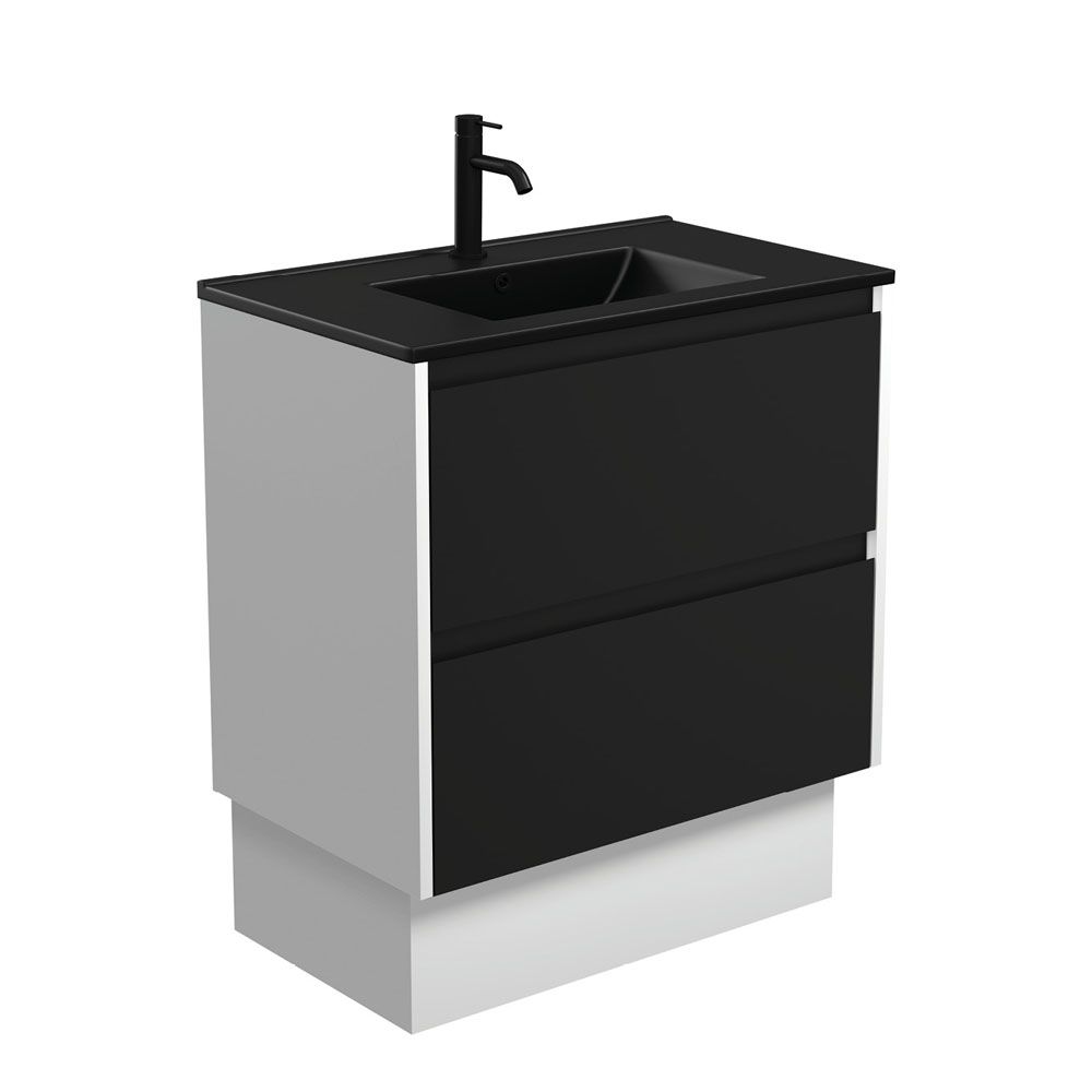 Dolce Matte Black Amato 750 Satin Black Vanity On Kick, Satin White Panels by Fienza