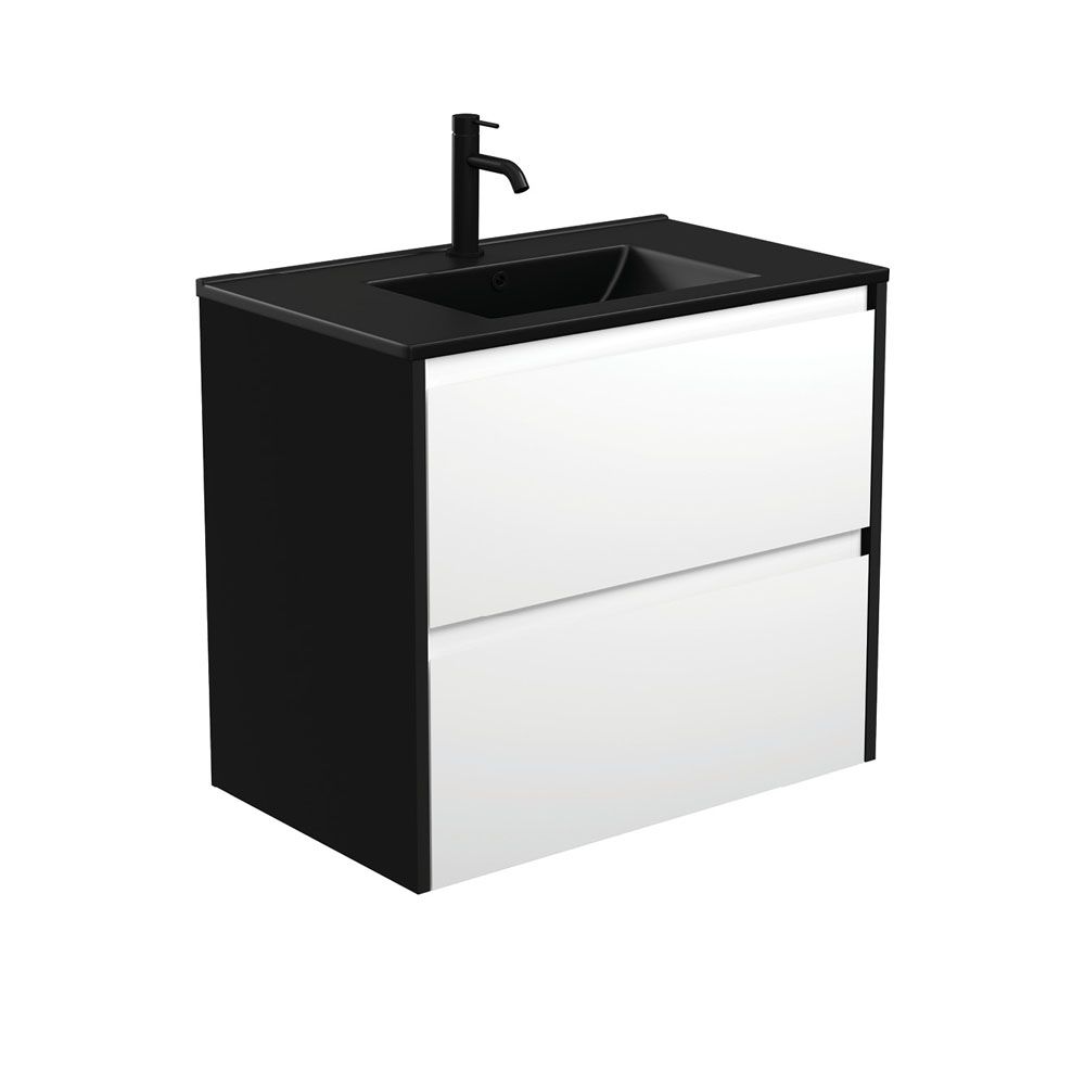 Dolce Matte Black Amato 750 Satin White Wall-Hung Vanity, Satin Black Panels by Fienza