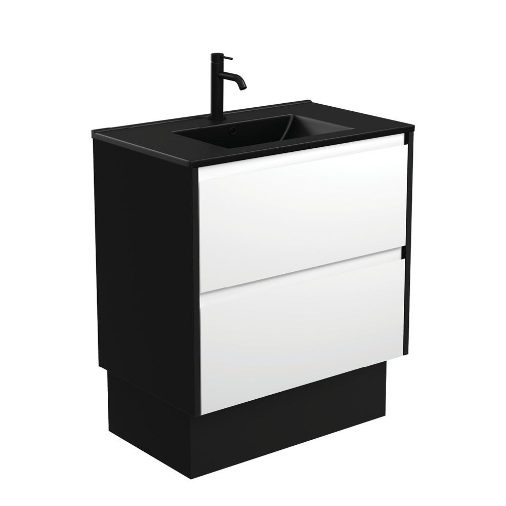 Dolce Matte Black Amato 750 Satin White Vanity On Kick, Satin Black Panels by Fienza