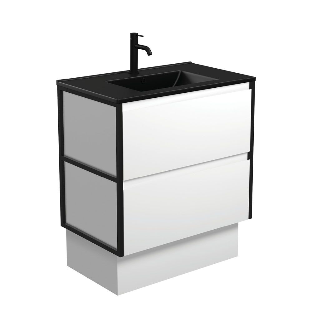 Dolce Matte Black Amato 750 Satin White Vanity On Kick, Matte Black Frames by Fienza