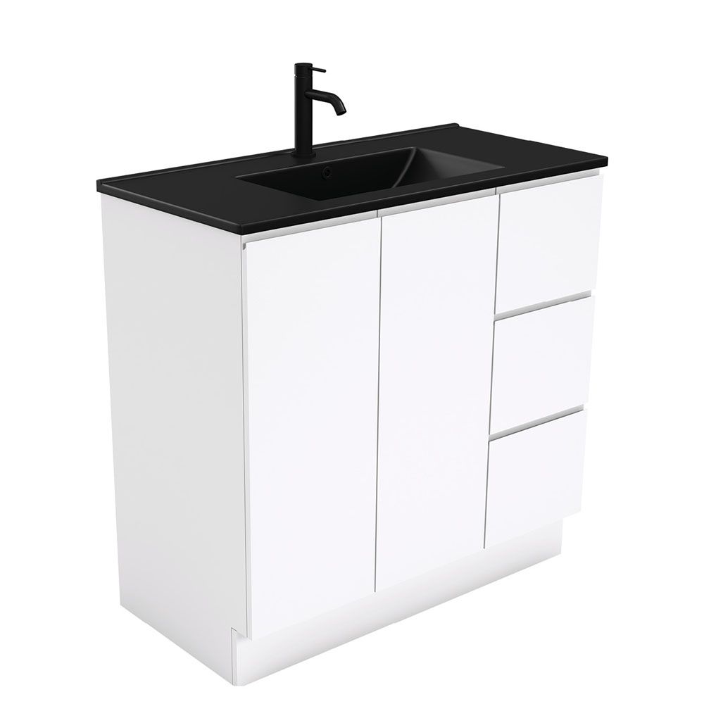Dolce Matte Black Fingerpull Gloss White 900 Vanity On Kickboard by Fienza