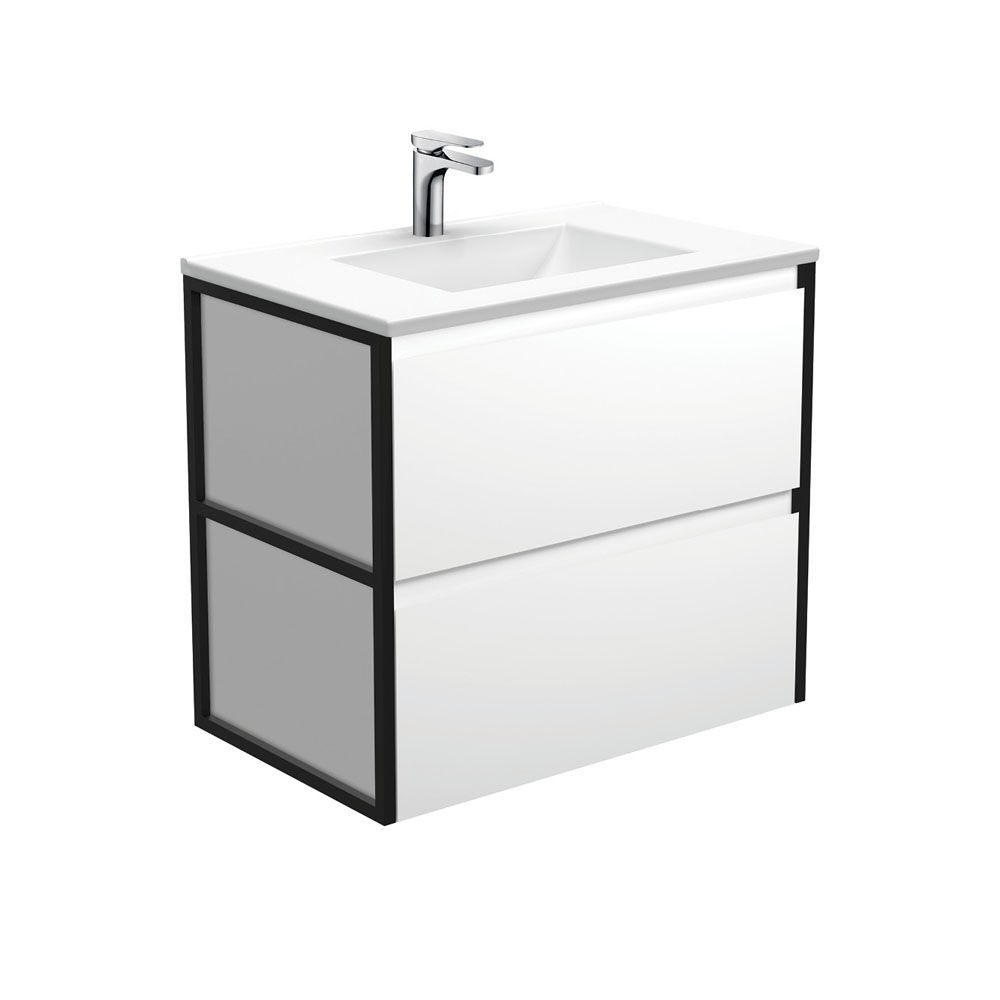 Vanessa Amato 750 Satin White Wall-Hung Vanity, Matte Black Frames by Fienza