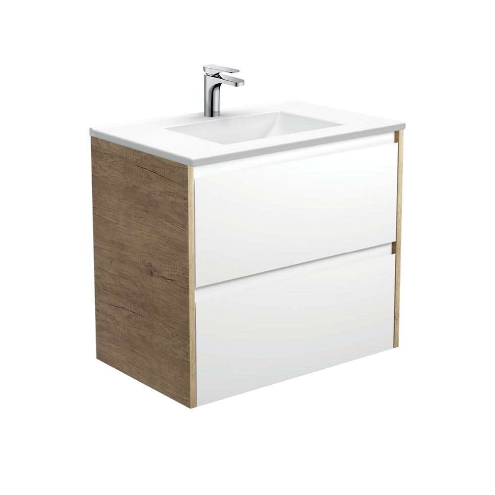 Vanessa Amato 750 Satin White Wall-Hung Vanity, Scandi Oak Panels by Fienza