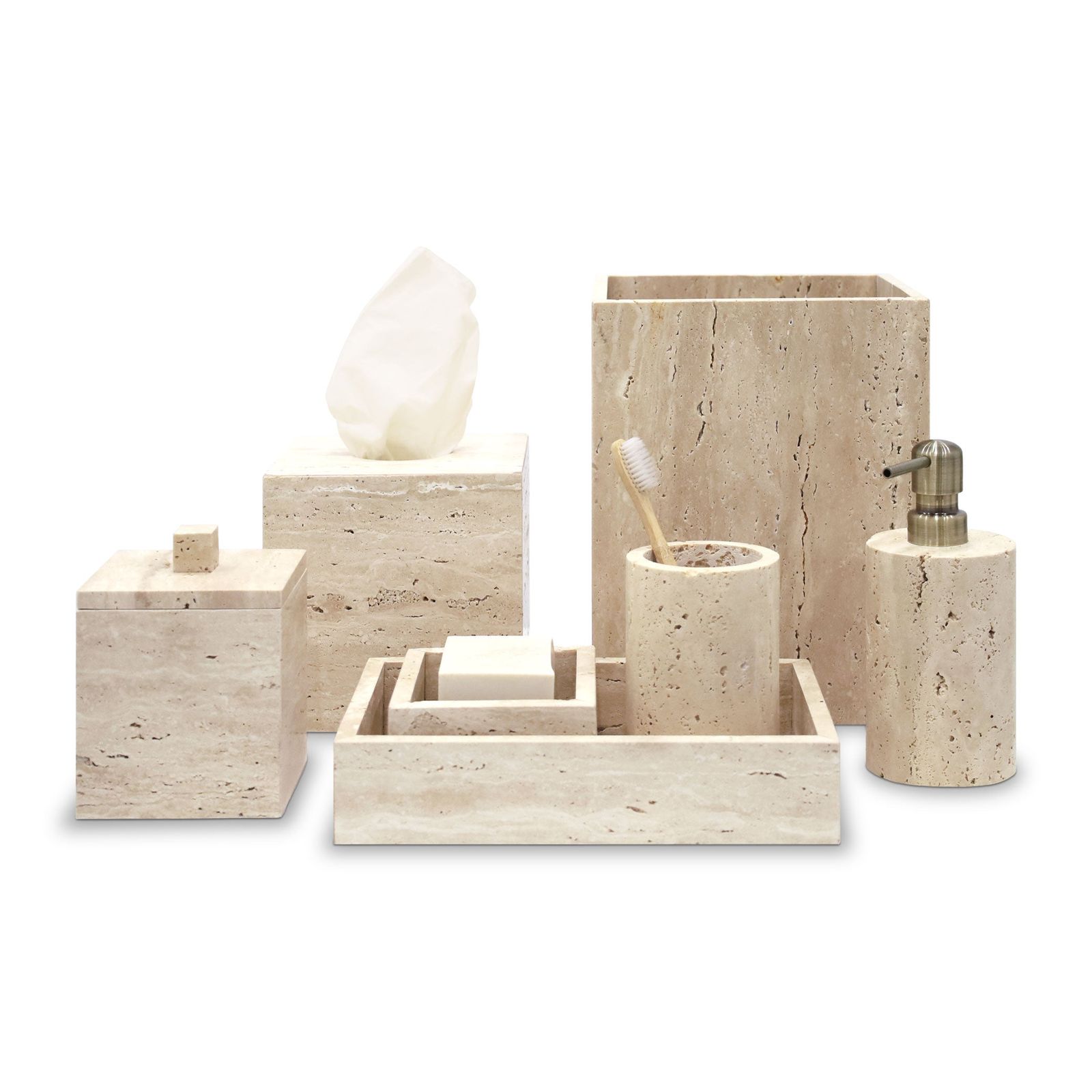 Ensemble 7 pièces d'accessoires de salle de bain │ TRAVERTIN by Humble Nature