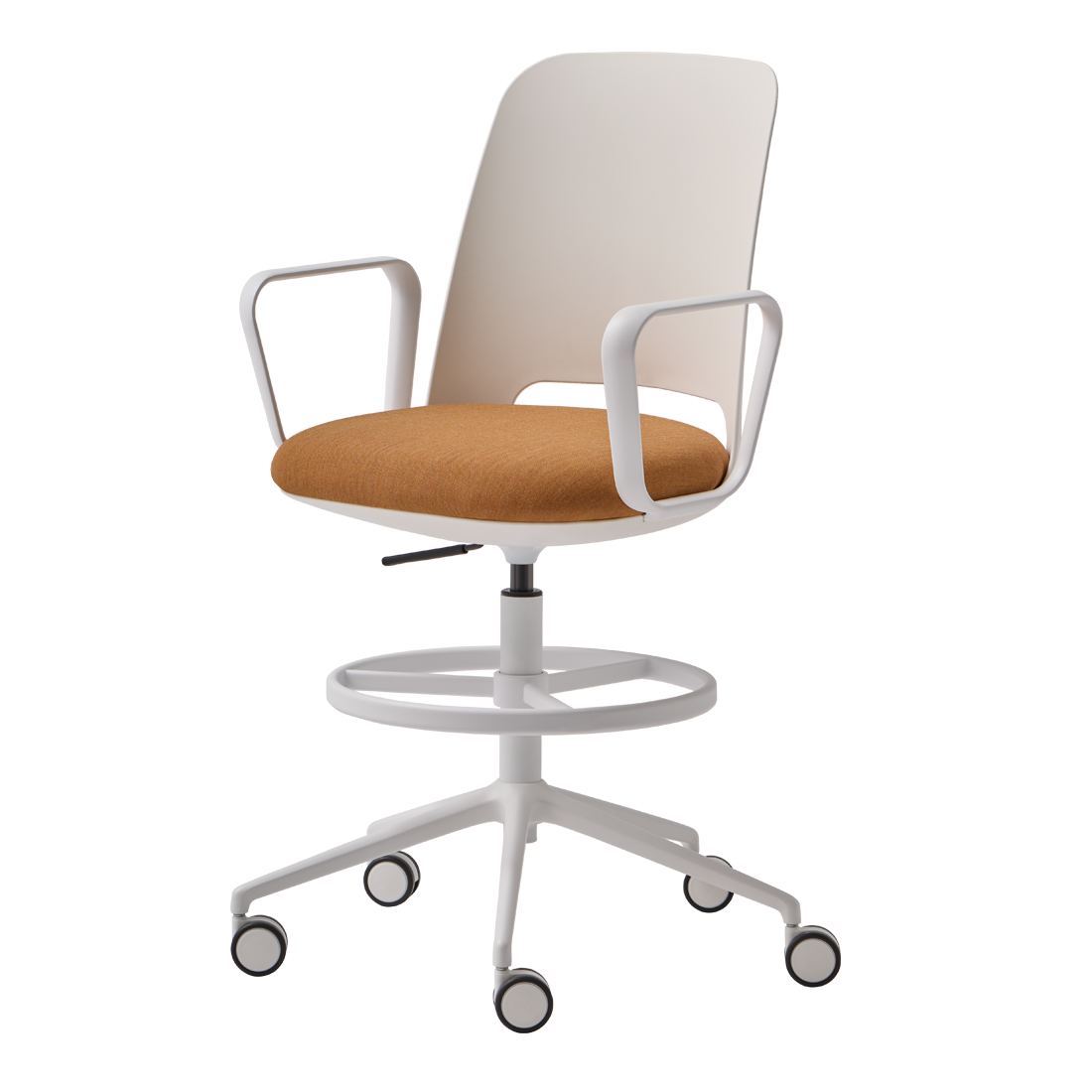 Orus Swivel stool with arms and 5 spoke base on casters + gas lift + footrest by INCLASS