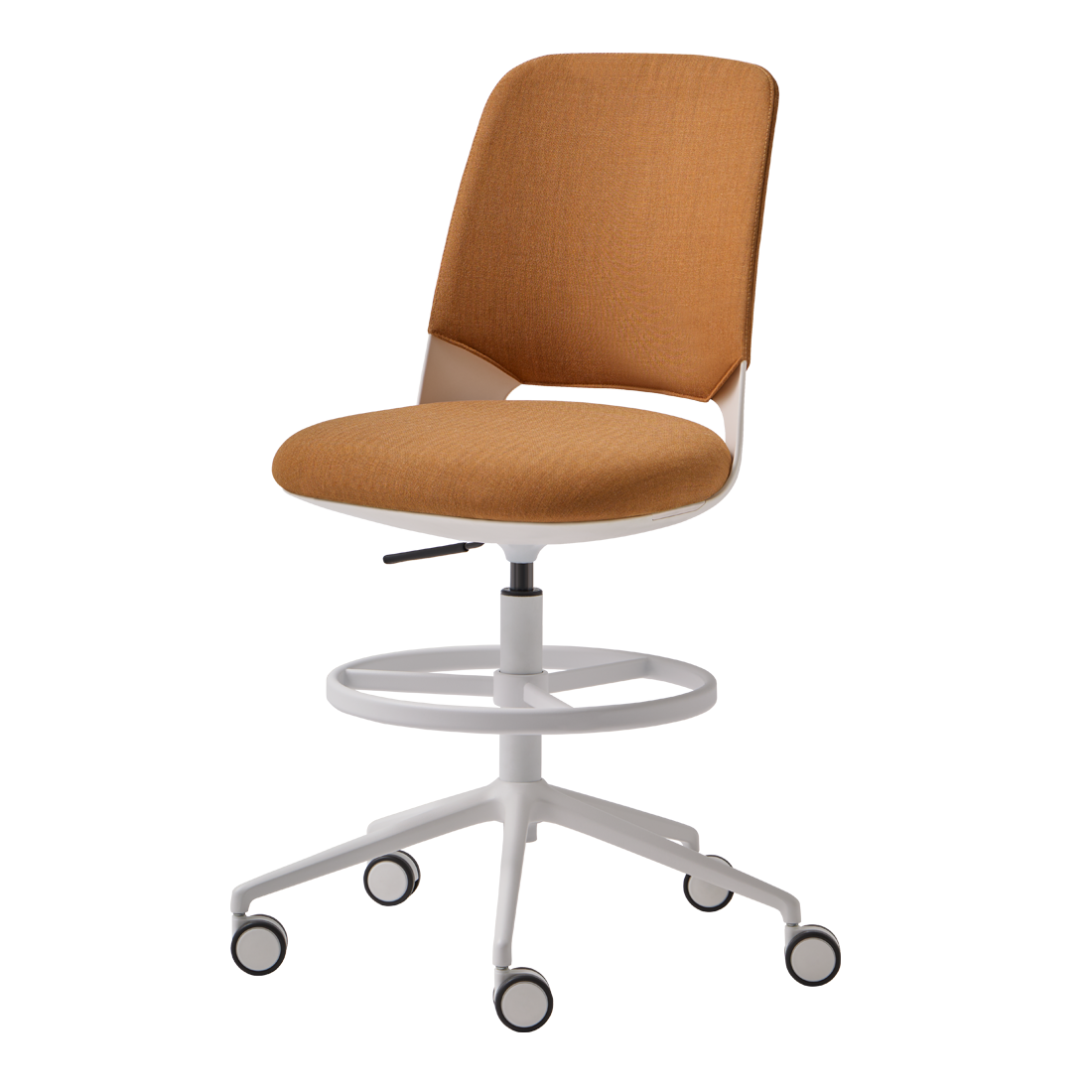 Orus ORU0040 + ORU0000TA Swivel stool with upholstered cover backrest and 5 spoke base on casters + gas lift + footrest by INCLASS
