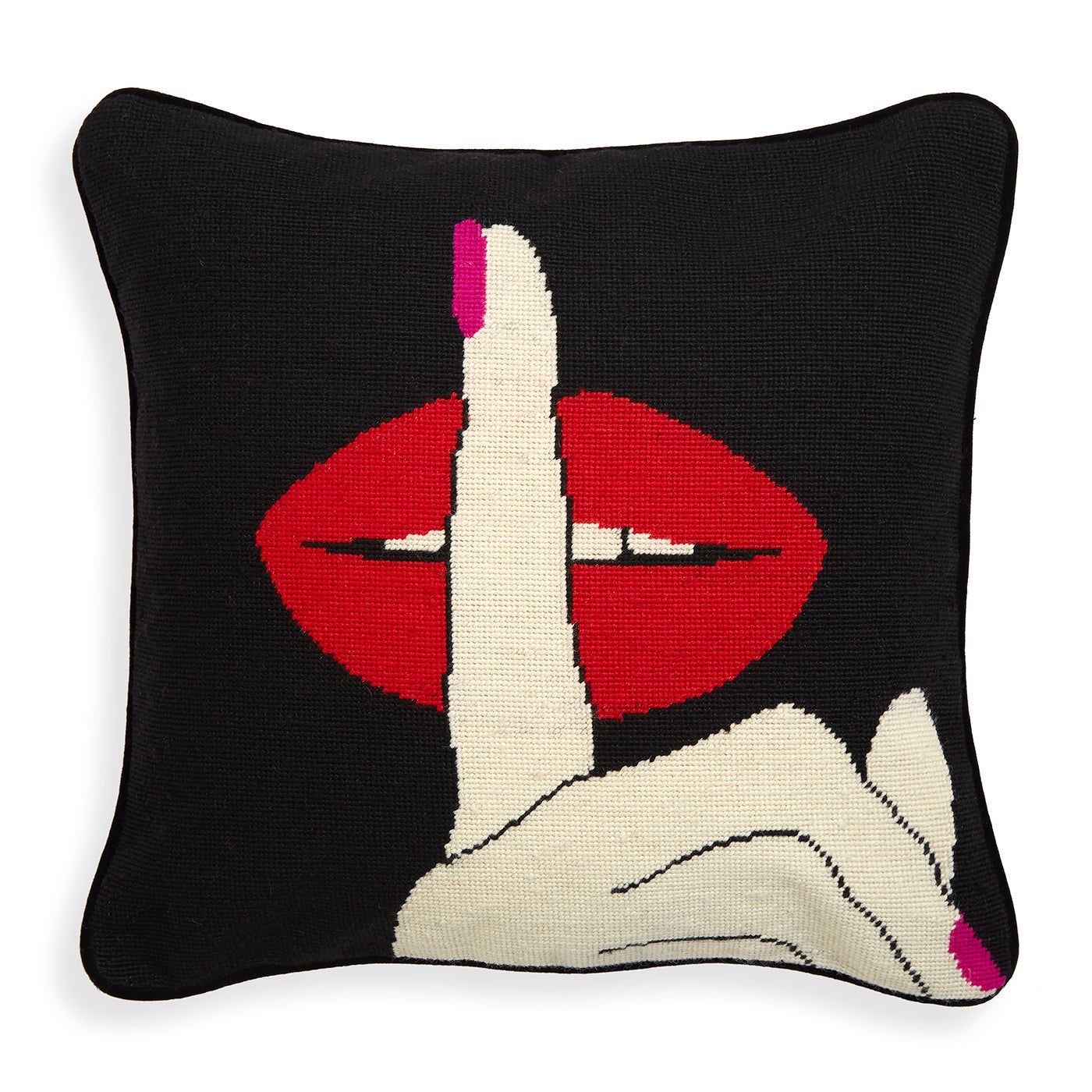 Lips Hush Needlepoint Pillow by Jonathan Adler