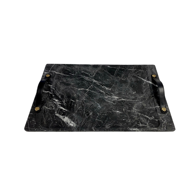 Bandeja Barneys de Mármol Marquina con Detalles de Cuero y Latón by Jover+Valls