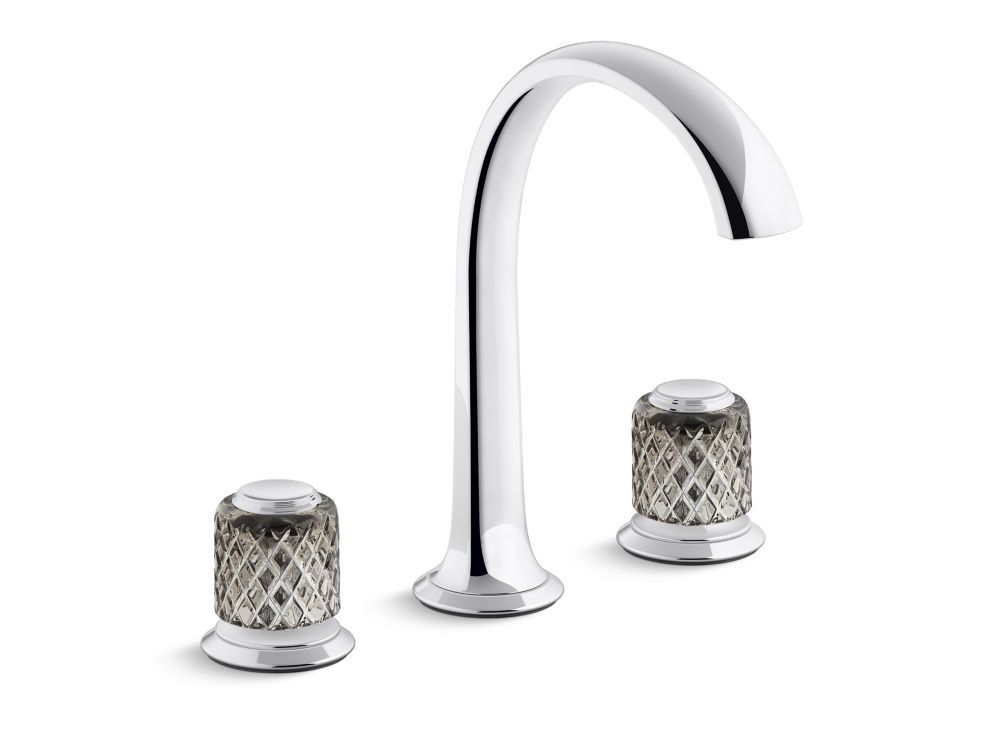 Script Decorative Sink faucet, arch spout, flannel grey Saint-Louis crystal knob handles by Kallista