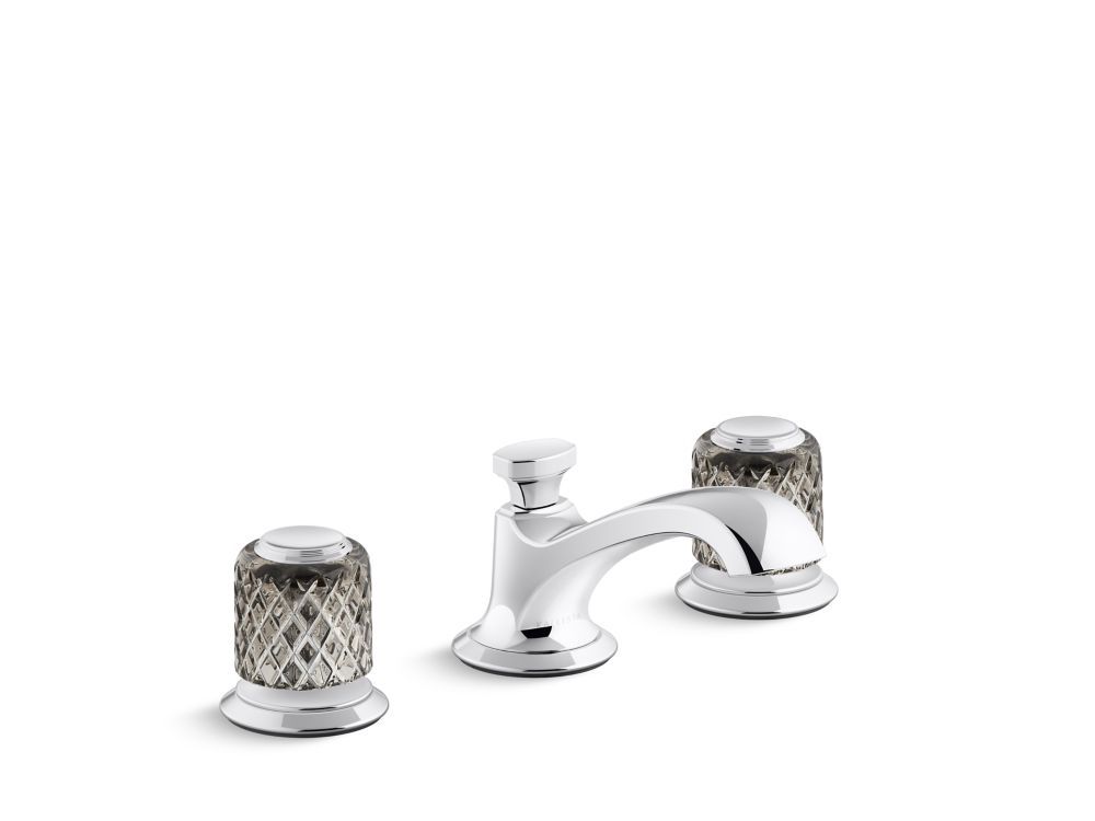 Script Decorative Sink faucet, low spout, flannel grey Saint-Louis crystal knob handles by Kallista