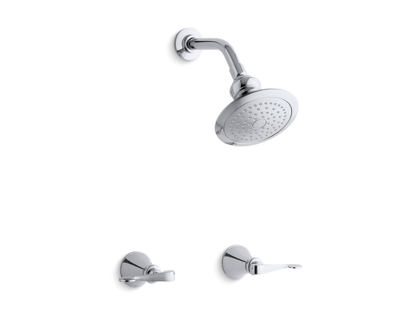 Revival shower faucet set with scroll lever handles and single-function showerhead, standard showerarm and flange | K-16214-4 by Kohler