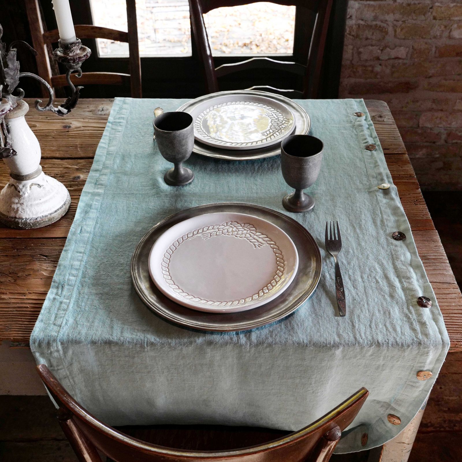Modular runner with buttons and buttonholes by LA FABBRICA DEL LINO