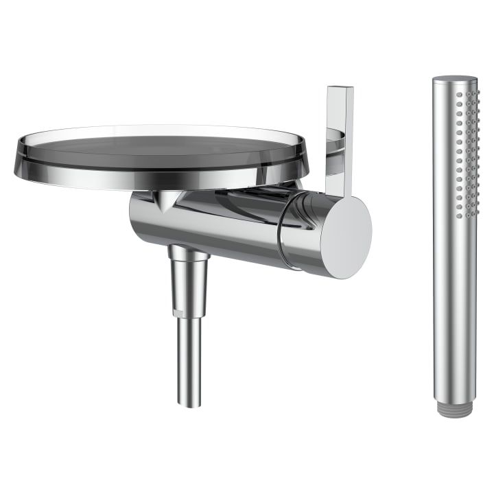 Kartell LAUFEN - Shower mixer for Simibox 1-Point, with synthetic flexible hose 1800 mm, with handspray TwinStick, with disc bowl transparent crystal (bowl available in 7 further colours) by Laufen