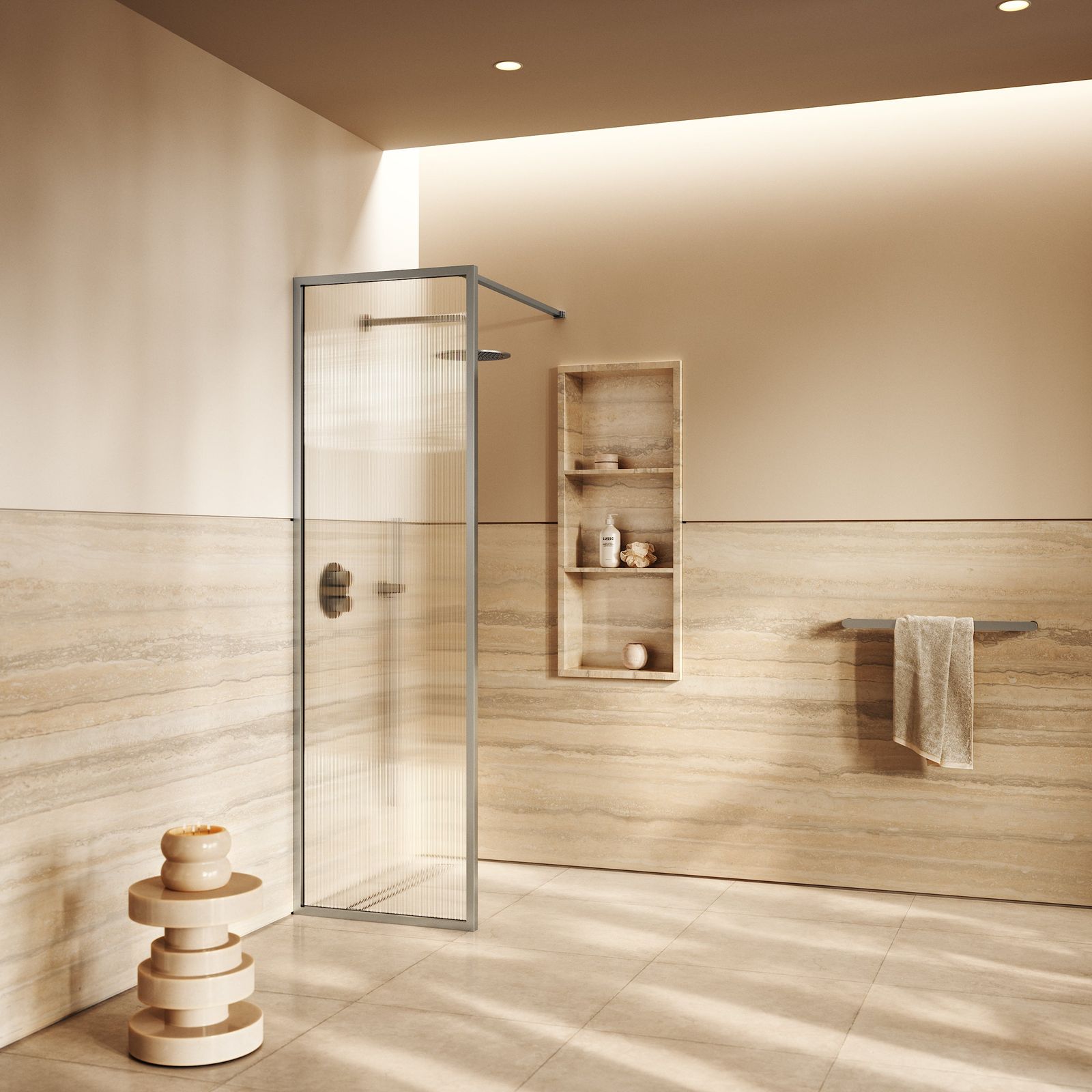 Opulence Fluted Glass Brushed Stainless Shower Screen by LUSSO
