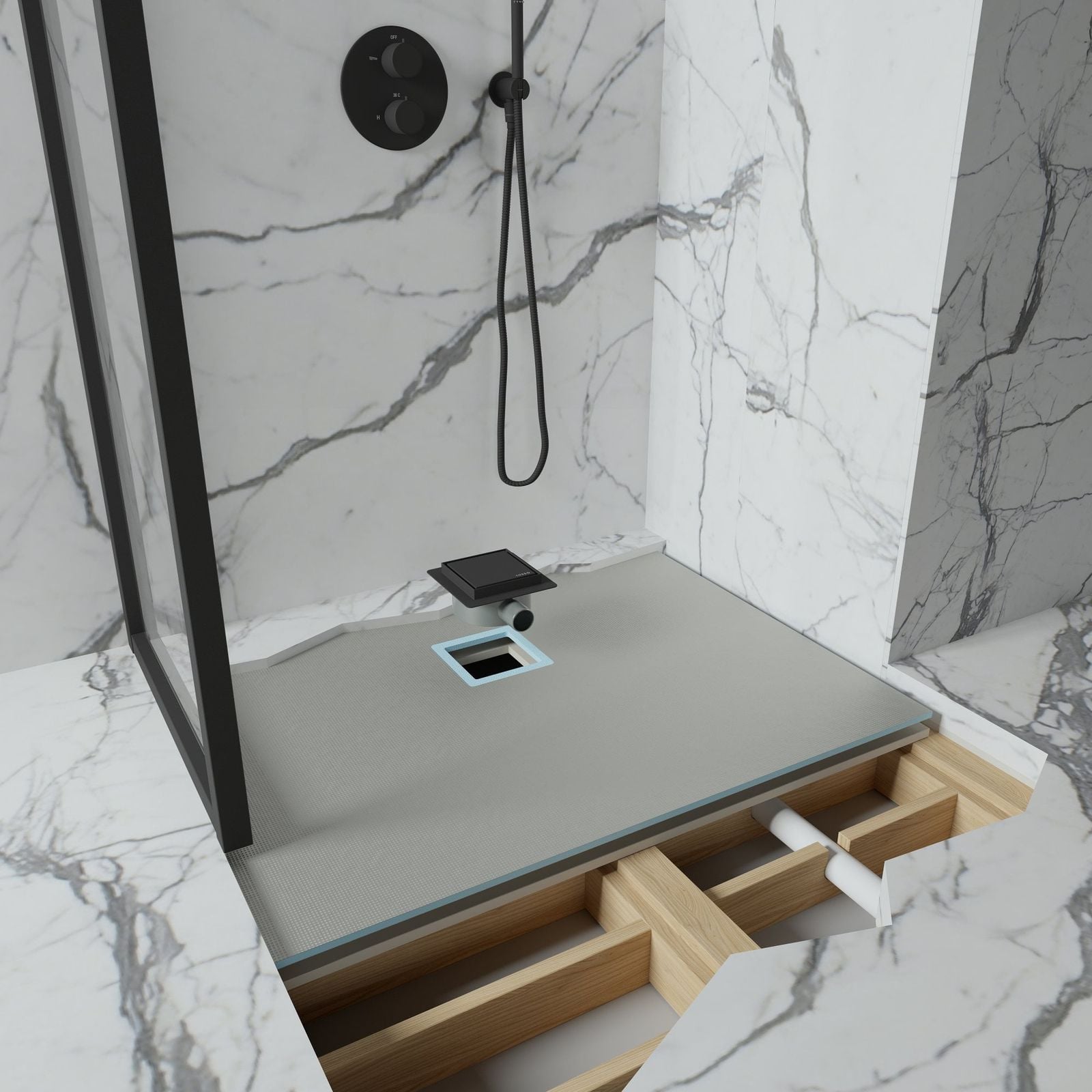 Wet Room Walk in Shower Tray Kit - Offset Drain + Tanking Kit + Matte Black Waste Kit (ALL SIZES) by LUSSO