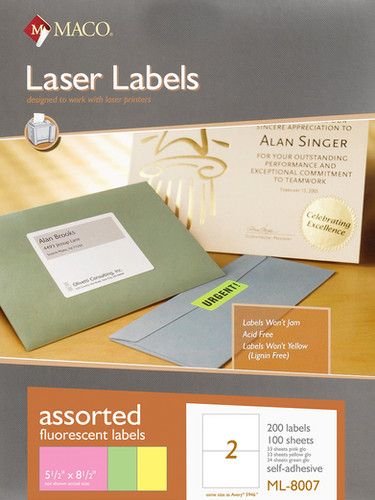 Laser Assorted Neon Labels, 5-1/2" x 8-1/2", 2/Sheet, 200 Labels/Bx | Maco by MA.CO. Sofa & Bed