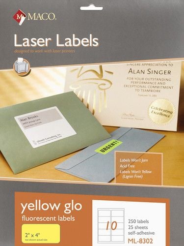 Laser Yellow Neon Labels, 2" x 4",10/Sheet, 250 Labels/Pk | Maco by MA.CO. Sofa & Bed