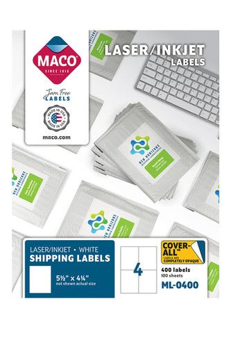 Laser/Inkjet COVER-ALL™ White Shipping Labels, 5-1/2" x 4-1/4", 4/Sheet, 1000 La | Maco by MA.CO. Sofa & Bed
