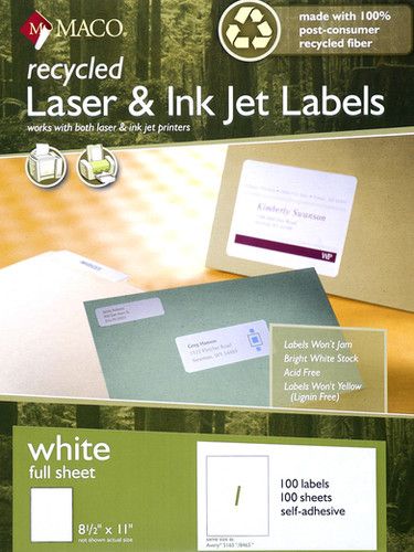 Recycled Laser/Inkjet White Full Sheet Labels, 8-1/2" x 11", 1/Sheet, 100/Bx | Maco by MA.CO. Sofa & Bed