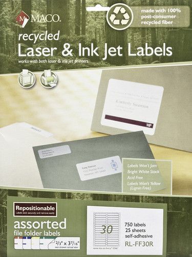 Recycled Repositionable Lsr/IJ Asst Clr File Folder Labels, 2/3"x3-7/16", 750/Pk | Maco by MA.CO. Sofa & Bed