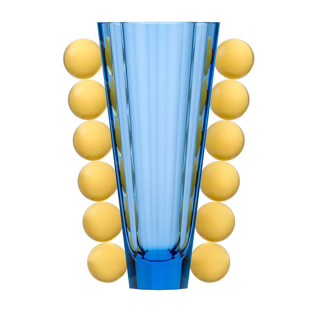 Modrá velká váza Spheres se žlutými koulemi. Křišťál Moser. by Moser