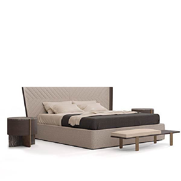 Design bed, headboard with geometric embroidery, and upholstered bed frame by Zanaboni