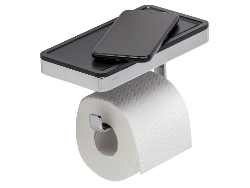 FRAME CHROME BLACK - Metal toilet roll holder with shelf by Coram