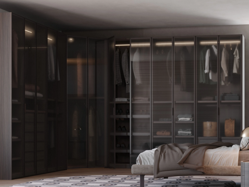 OPEN - Corner wooden wardrobe with shoe rack by Giessegi