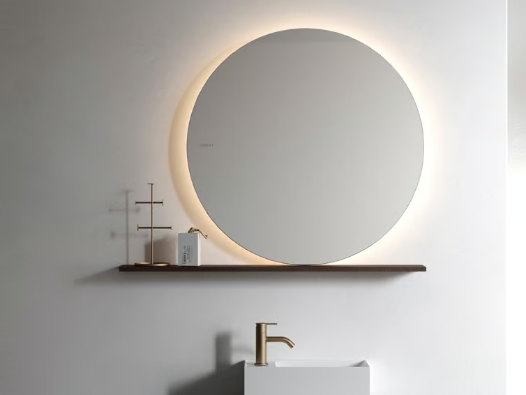 NORM - Round wooden mirror with integrated lighting with shelf by INBANI