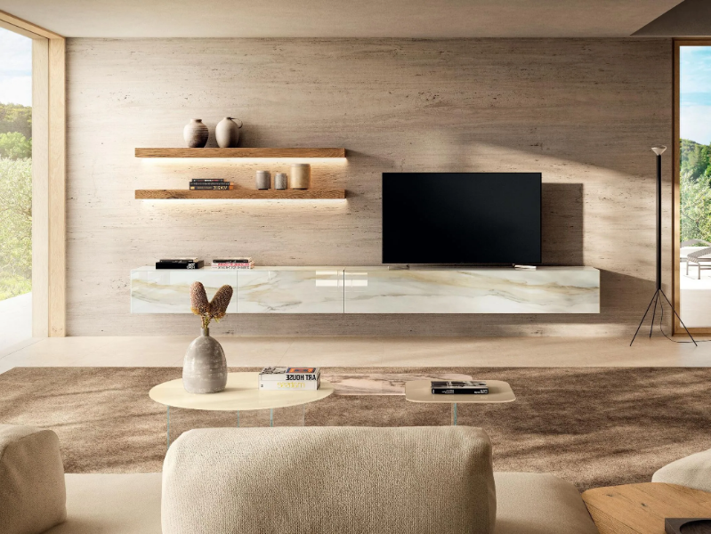 MATERIA - 2670 - Wall-mounted glass storage wall with integrated lighting by Lago