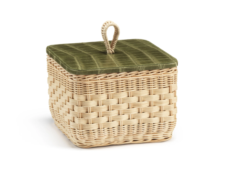 CORALIA - Square wicker container with crocodile leather lid by Mila Maurizi