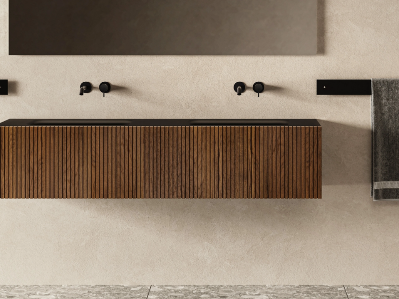DOOR TEAK STRIPES - Wall-mounted teak vanity unit with doors by Moab
