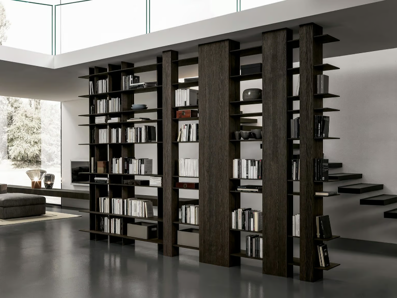 BLADE - Double-sided floor-ceiling mounted eucalyptus bookcase by MODULNOVA