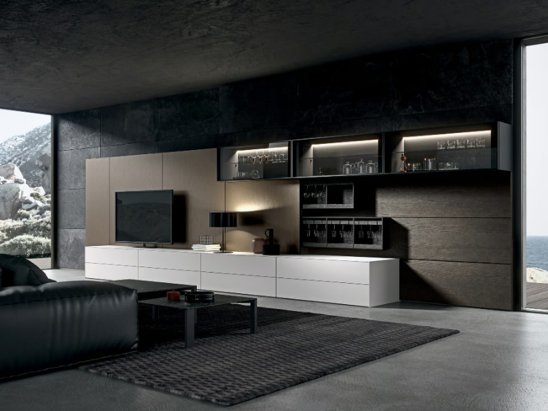 MH6 - Wooden and aluminum storage wall with integrated lighting by MODULNOVA