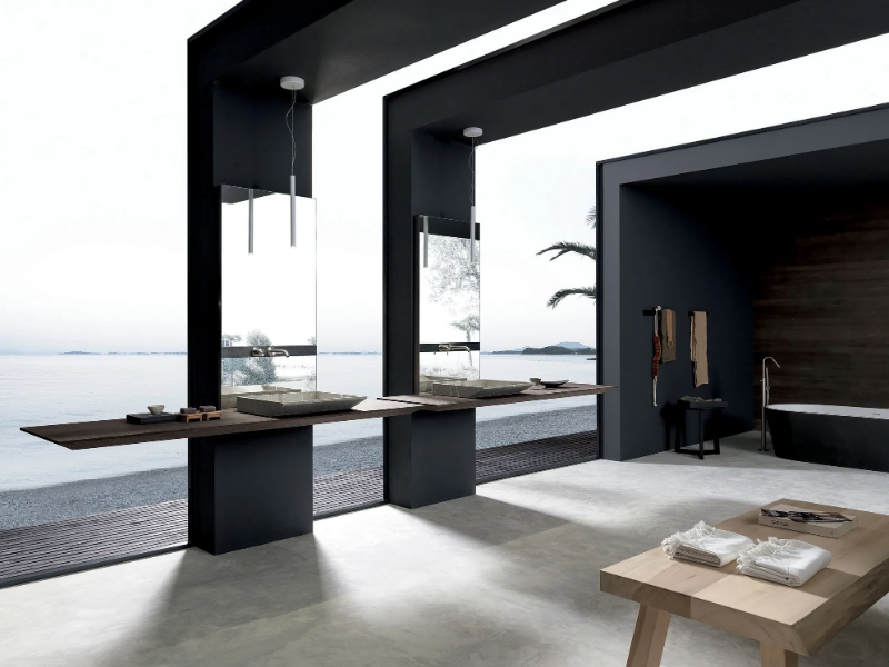 SURF - Double oak vanity unit with integrated washbasin with mirror by MODULNOVA